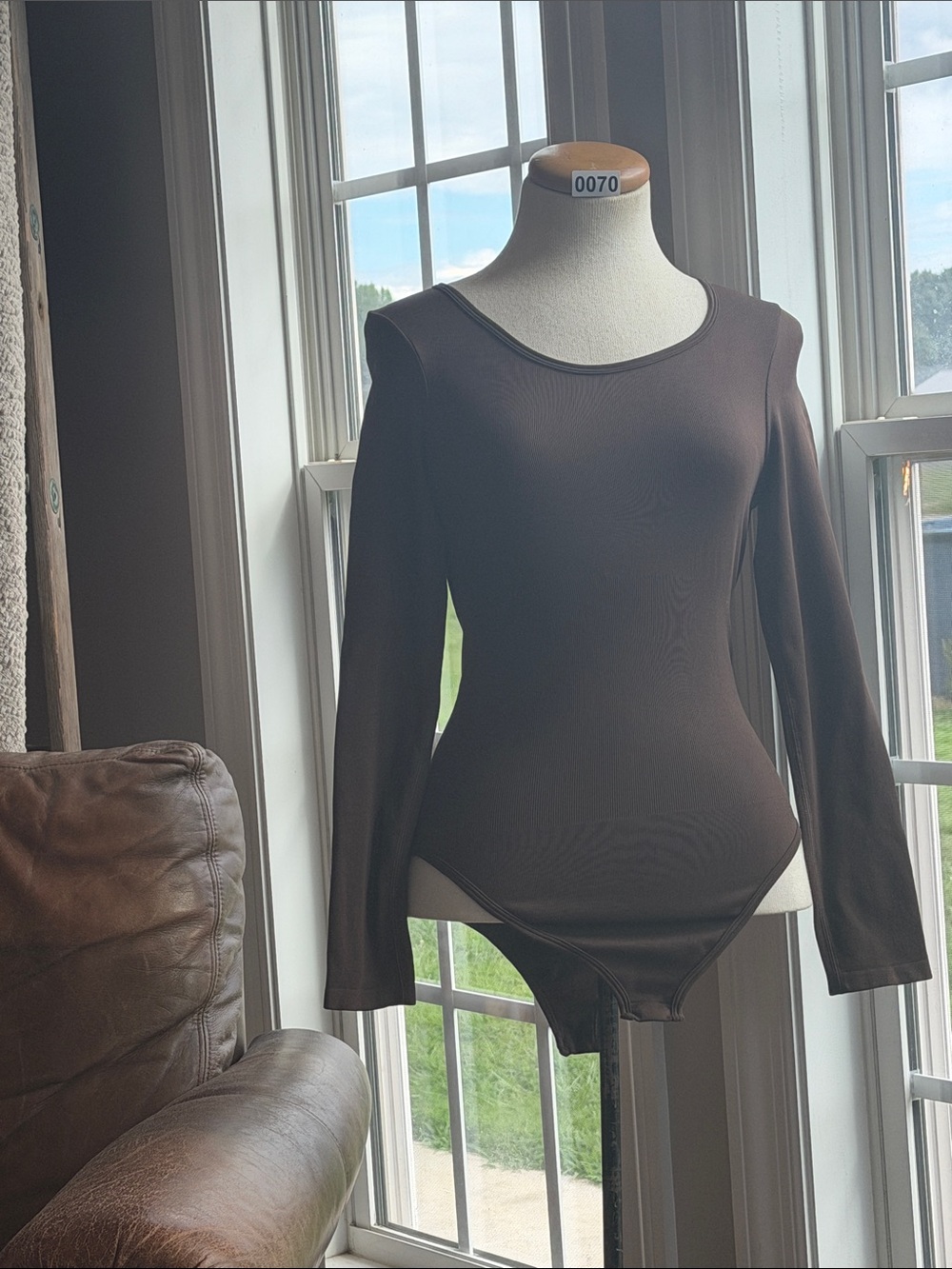 Women's Brown Long Sleeve Bodysuit - Classic Scoop Neck